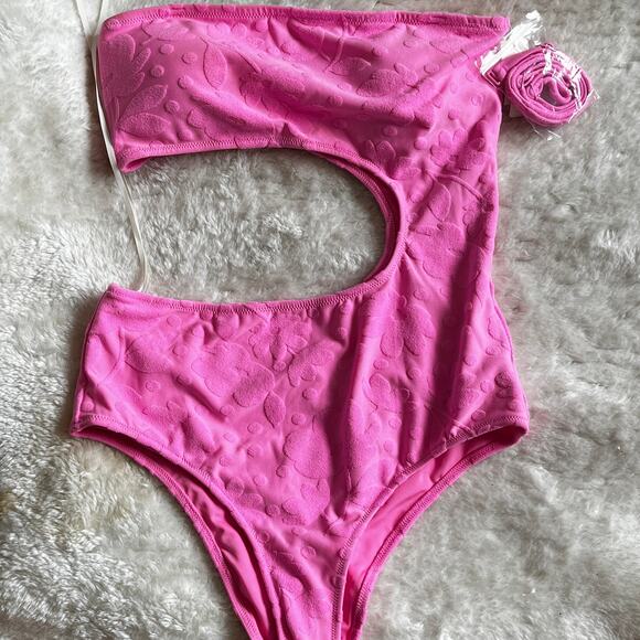 NWT Aerie | Pink Embossed Floral One-Piece Cut Out Swimsuit | Size L Long - Picture 3 of 11